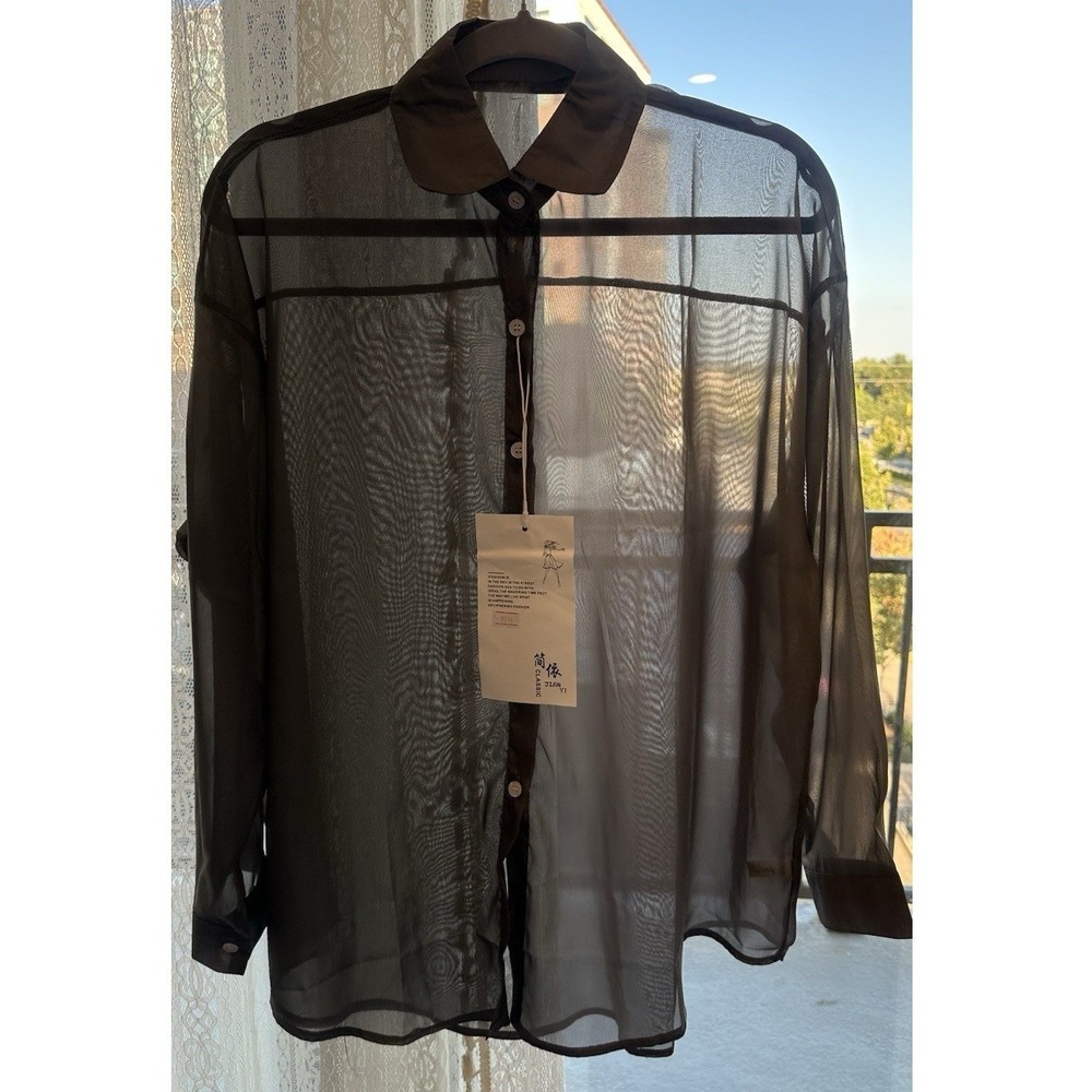 Jian Yi Women's Black Relaxed Sheer Chiffon Button-Up Collared Blouse S